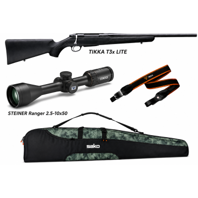 PACK CARABINE TIKKA T3X LITE CAL.30-06 + LUNETTE STEINER RANGER 2.5-10X50 + FOURREAU+ BRETELLE + SAKO POWERHEAD BLADE