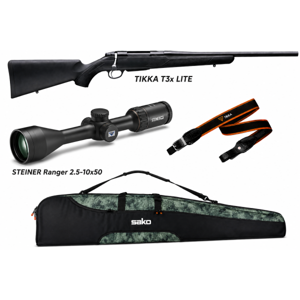 PACK CARABINE TIKKA T3X LITE CAL.30-06 + LUNETTE STEINER RANGER 2.5-10X50 + FOURREAU+ BRETELLE + SAKO POWERHEAD BLADE